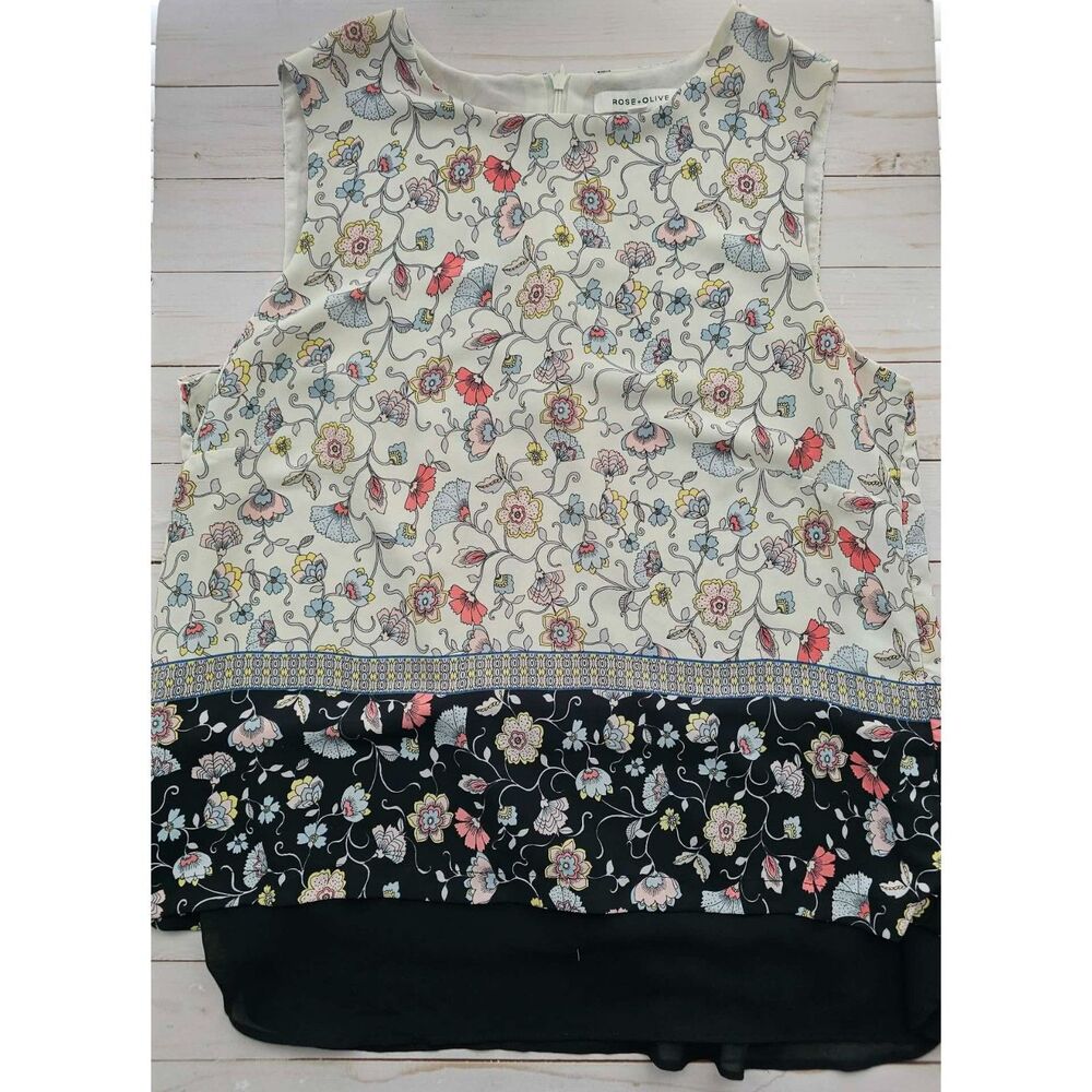 Rose + Olive Women’s L Floral Color Block Sleeveless Blouse Top Boho
